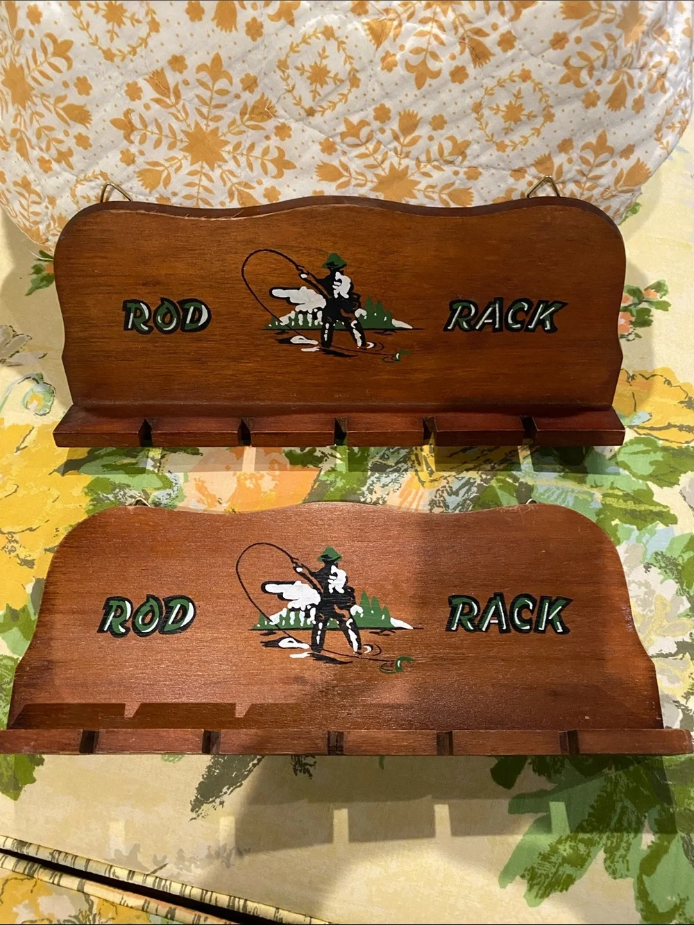 Vintage 1950s Wooden Brown 'Rod Rack' with Fishing Pole Holder Fathers Day Dad